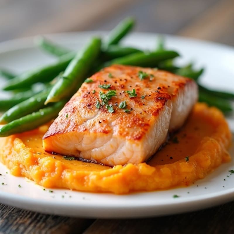 Seared Salmon with Steamed Green Beans and Sweet Potato Mash