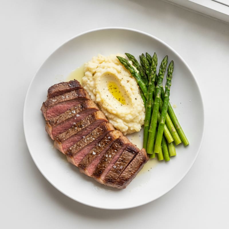 Seared Lean Beef with Steamed Asparagus and Cauliflower Mash