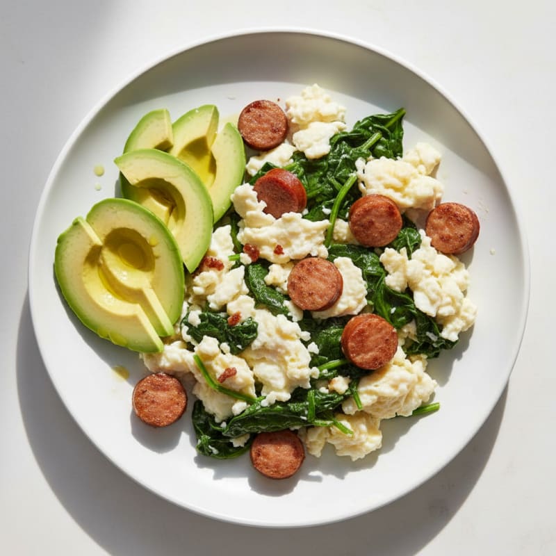 Scrambled Egg Whites with Turkey Sausage and Sautéed Spinach