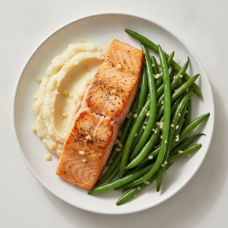 Seared Salmon with Garlic Green Beans and Cauliflower Mash