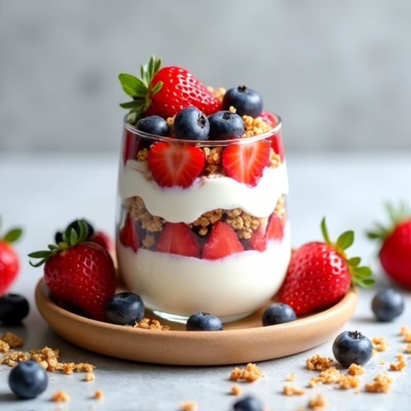 Greek Yogurt Parfait with Crunchy Almond Granola and Fresh Berries