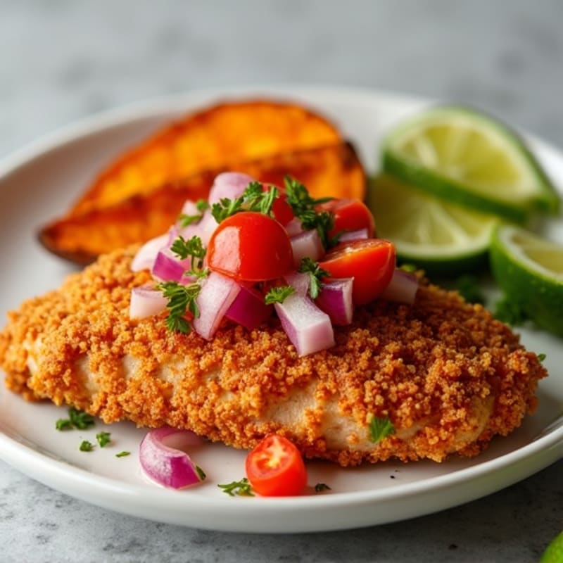 Crispy Chicken with Fresh Pico de Gallo and Roasted Sweet Potato Wedges