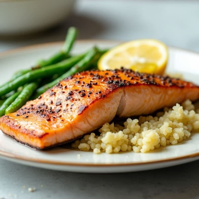 Seared Salmon Fillet with Garlic Green Beans and Cauliflower Rice