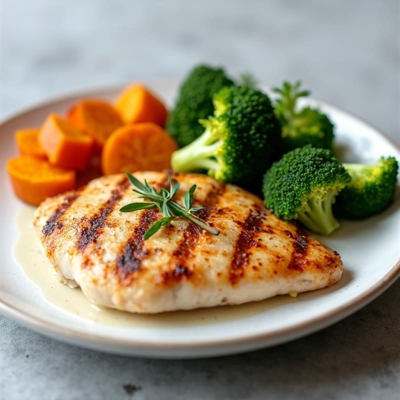 Grilled Chicken Breast with Roasted Broccoli and Sweet Potato