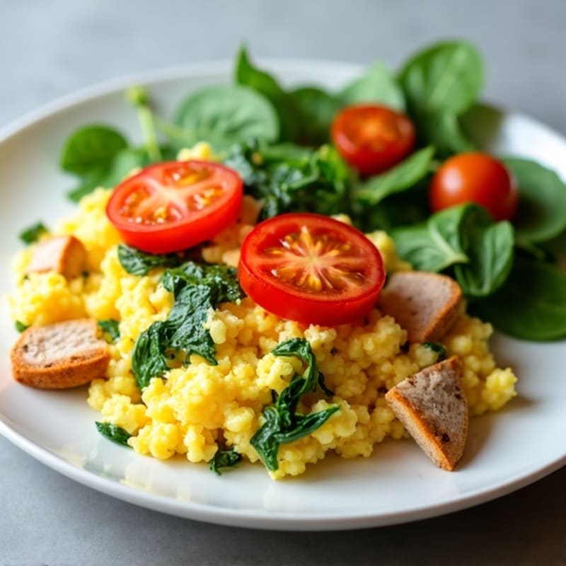 Fluffy Egg Scramble with Fresh Spinach and Cherry Tomatoes