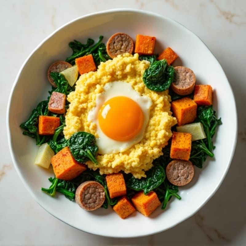 Egg White Spinach Scramble with Turkey Sausage and Roasted Sweet Potato