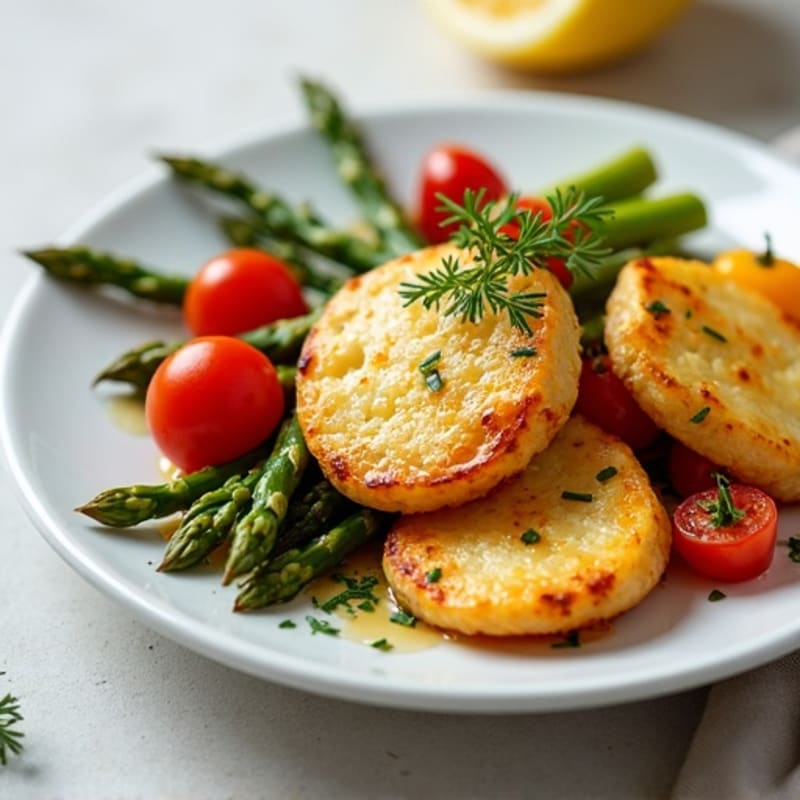 Golden Halloumi with Roasted Asparagus and Cherry Tomatoes
