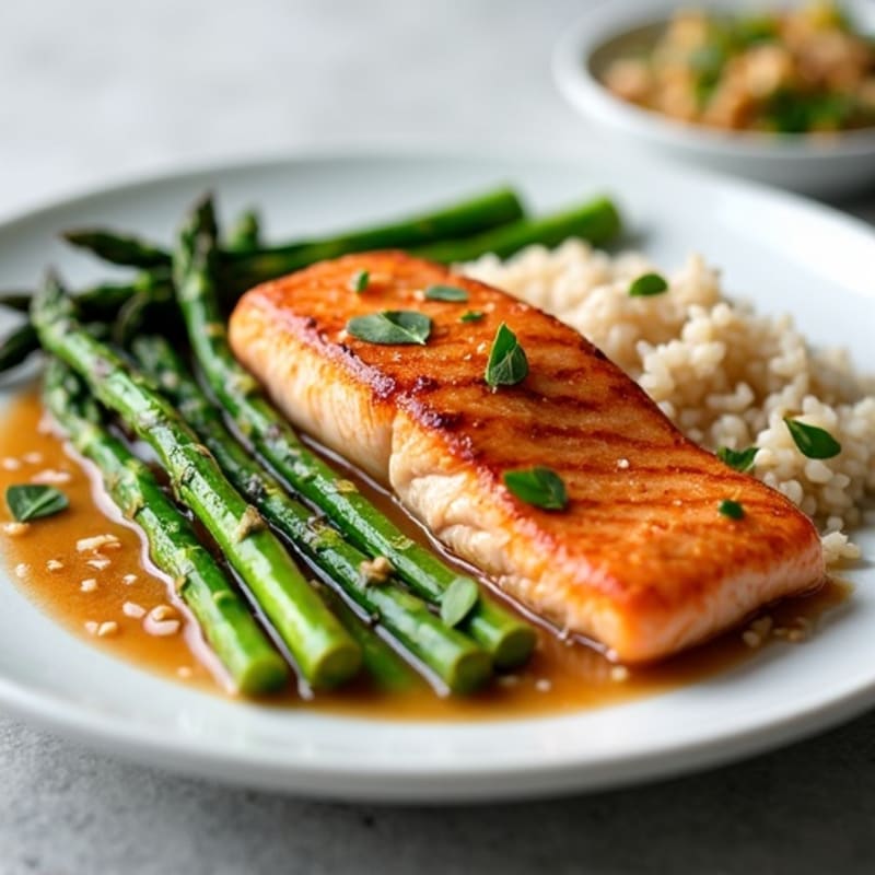 Seared Salmon with Steamed Asparagus and Brown Rice