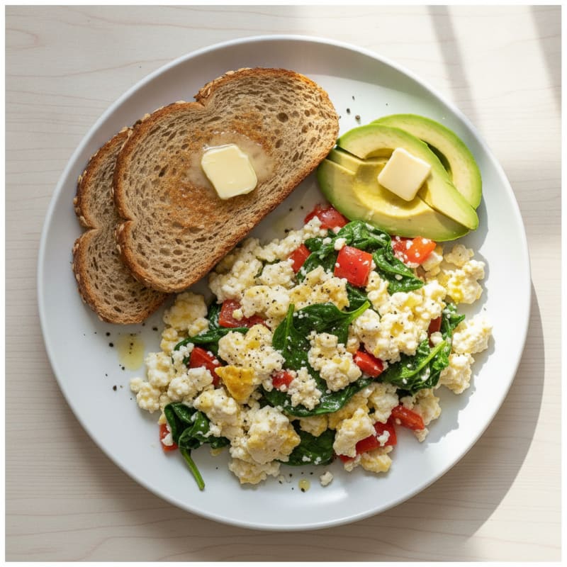 Egg White and Cottage Cheese Scramble with Spinach and Bell Peppers