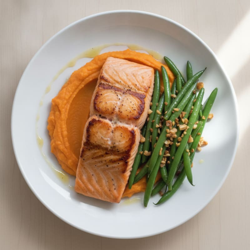 Seared Salmon Fillet with Garlic Green Beans and Sweet Potato Mash