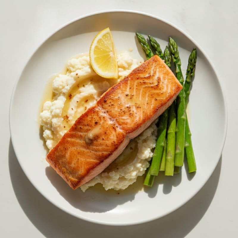 Seared Salmon Fillet with Steamed Asparagus and Garlic Mashed Cauliflower