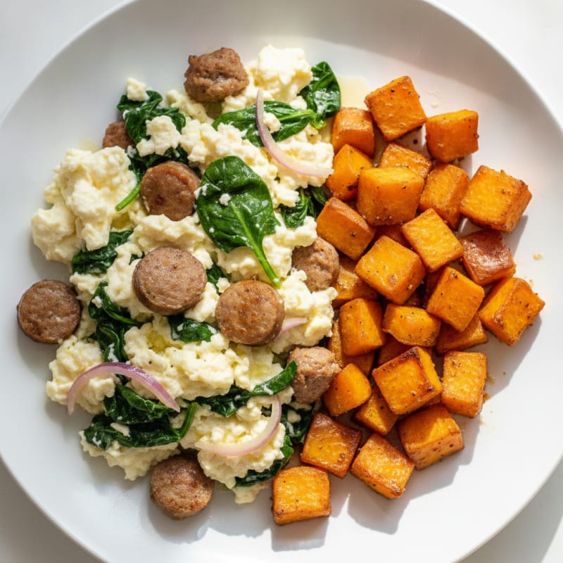 Egg White and Turkey Sausage Scramble with Spinach and Roasted Sweet Potatoes
