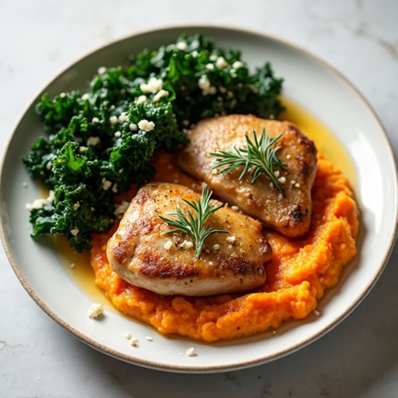 Herb-Roasted Chicken Thighs with Sautéed Kale and Sweet Potato Mash