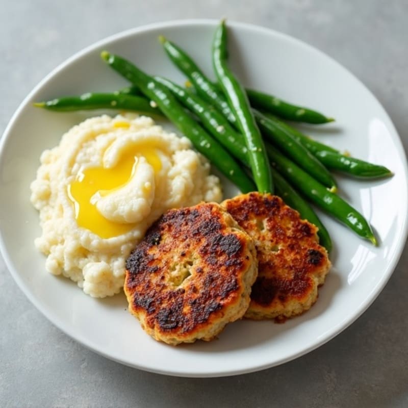 Seared Turkey Patties with Steamed Green Beans and Cauliflower Mash