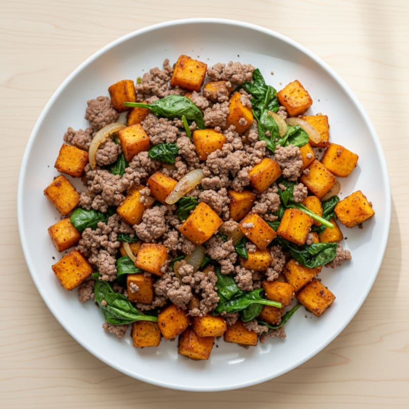 Caramelized Sweet Potato and Smoky Ground Beef Hash