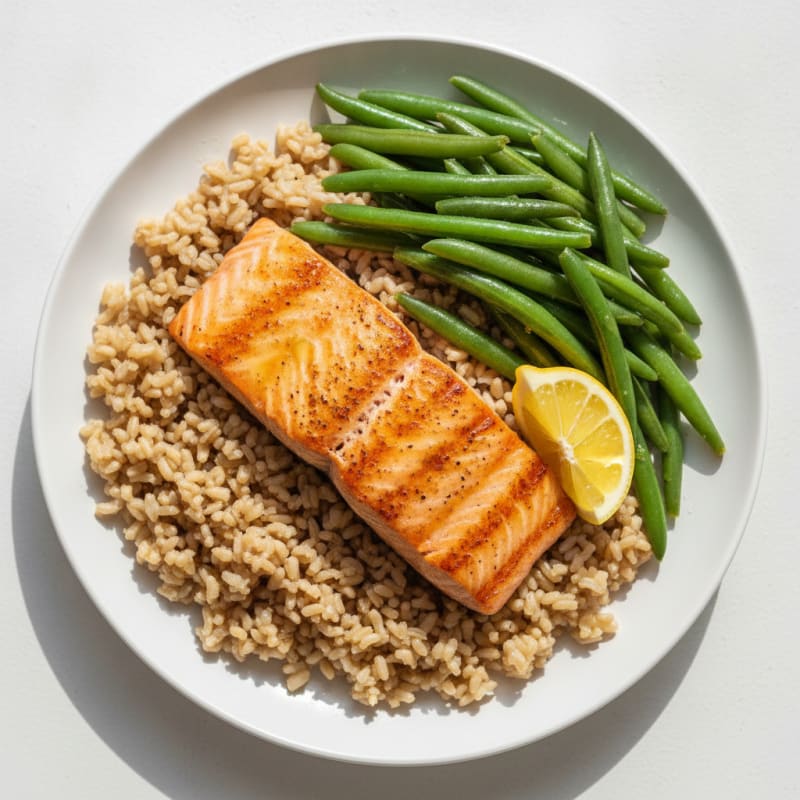 Seared Salmon with Steamed Green Beans and Brown Rice