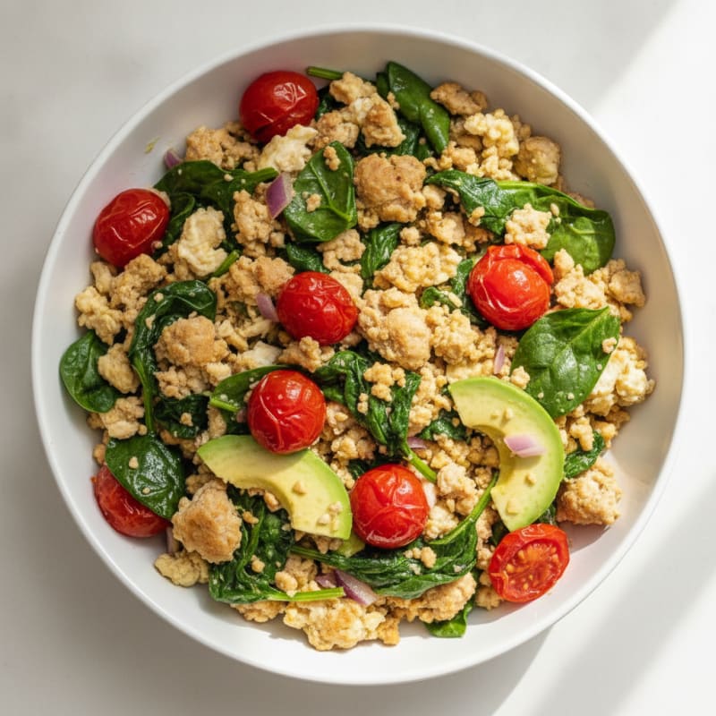Egg White and Turkey Spinach Scramble with Roasted Tomatoes