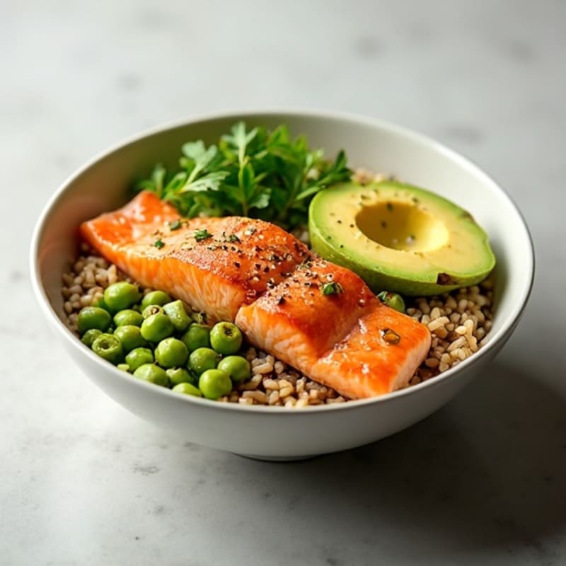 Seared Salmon and Avocado Rice Bowl with Crunchy Edamame