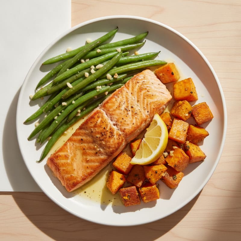 Seared Salmon Fillet with Garlic Green Beans and Roasted Sweet Potato