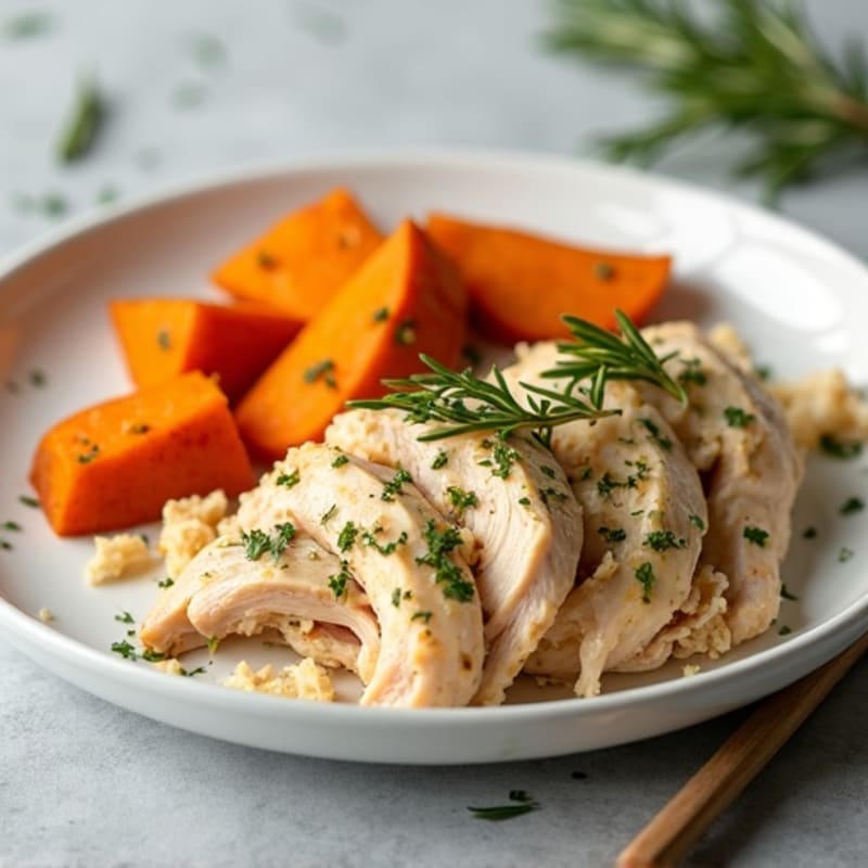 Herb-Garlic Shredded Chicken with Sweet Potatoes