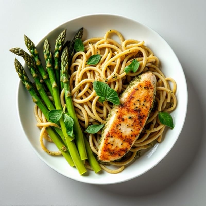 Chicken Pesto Pasta with Roasted Asparagus