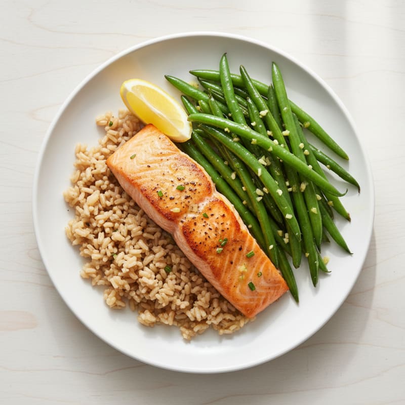 Seared Salmon Fillet with Garlic Green Beans and Brown Rice