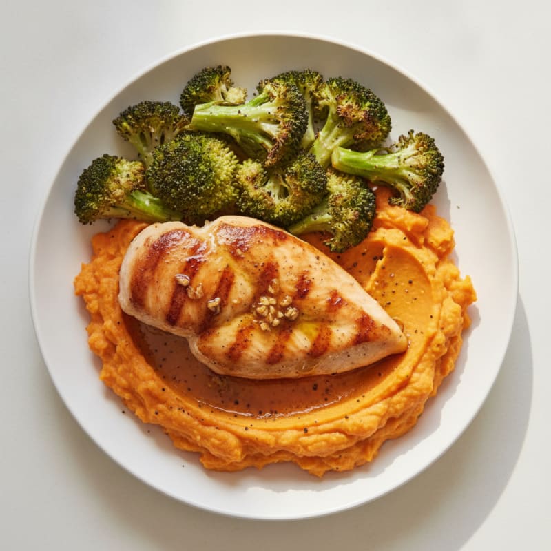 Seared Chicken Breast with Roasted Broccoli and Sweet Potato Mash