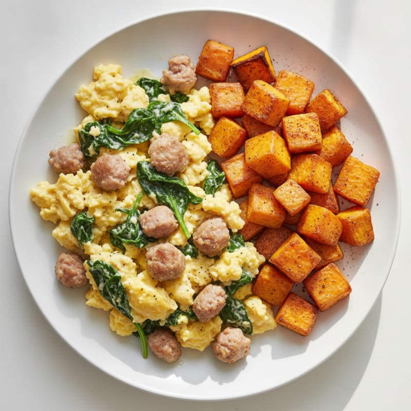 Egg and Turkey Sausage Scramble with Spinach and Roasted Sweet Potatoes