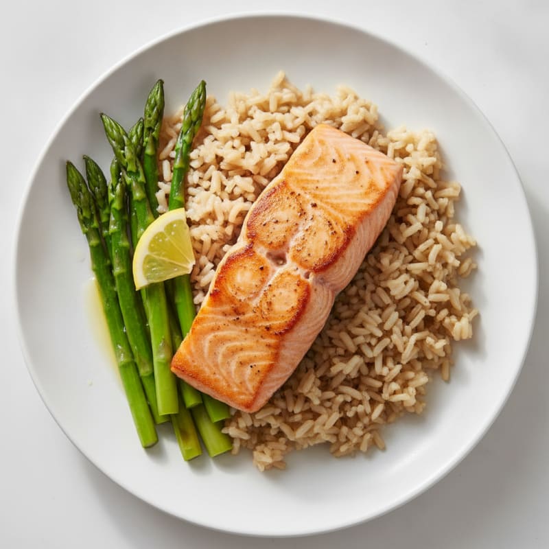Seared Salmon Fillet with Steamed Asparagus and Brown Rice