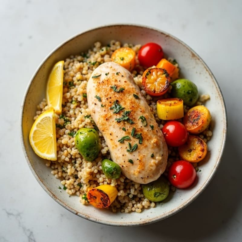 Fluffy Quinoa Bowl with Lemon Herb Chicken and Roasted Vegetables