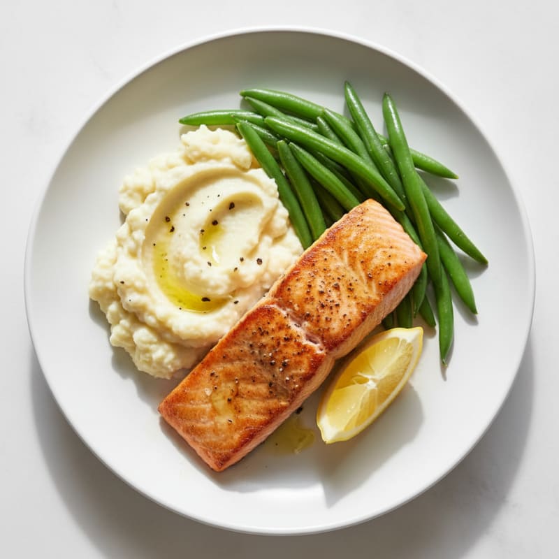 Seared Salmon with Steamed Green Beans and Garlic Mashed Cauliflower