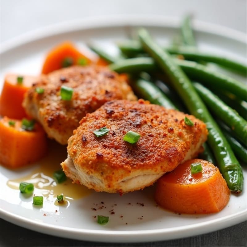 Crispy Chicken Thighs with Roasted Sweet Potatoes and Green Beans