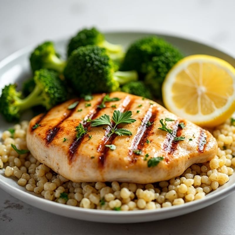 Grilled Lemon Garlic Chicken Breast with Quinoa and Roasted Broccoli