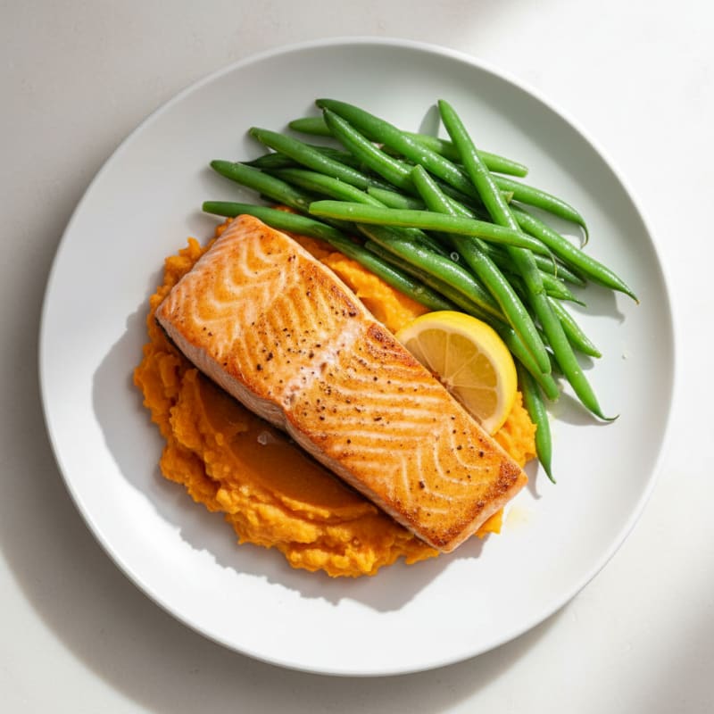 Seared Salmon with Steamed Green Beans and Sweet Potato Mash