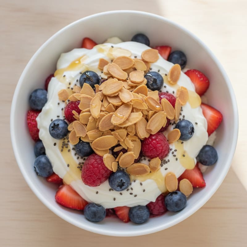 Greek Yogurt Protein Parfait with Mixed Berries and Almonds