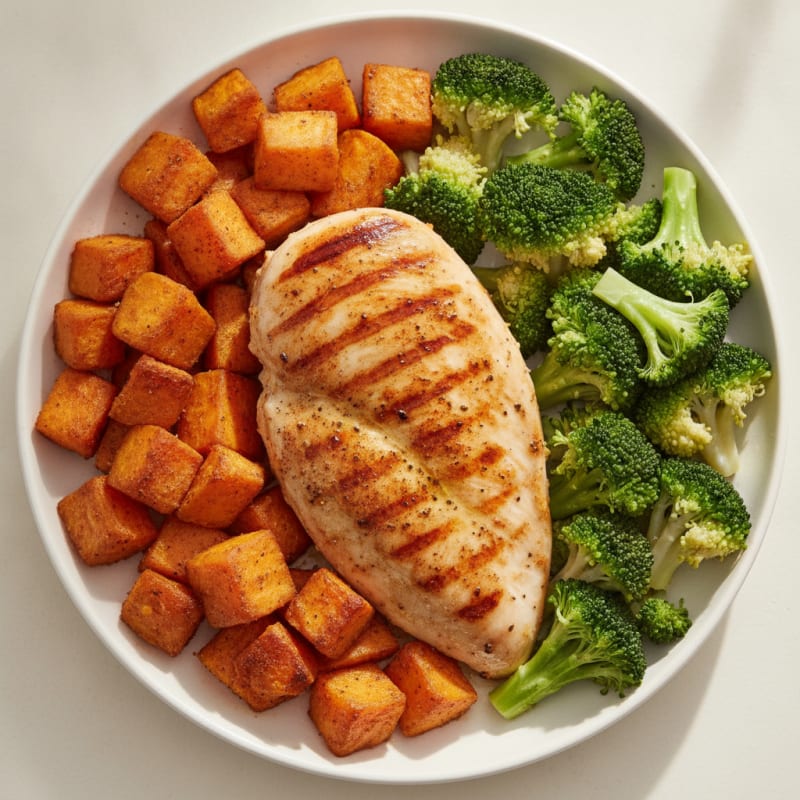 Grilled Chicken Breast with Roasted Sweet Potato and Steamed Broccoli