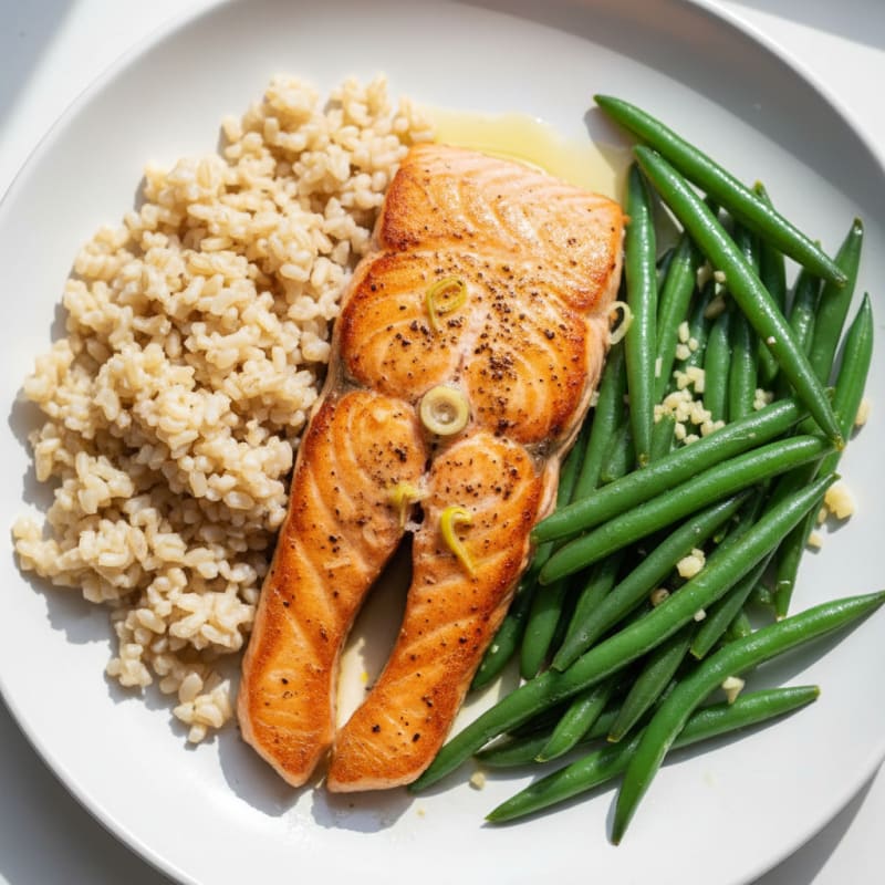 Seared Salmon with Garlic Green Beans and Brown Rice