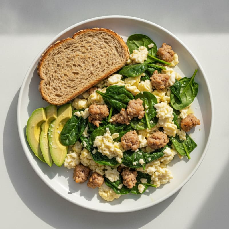 Egg White Scramble with Turkey Sausage and Spinach