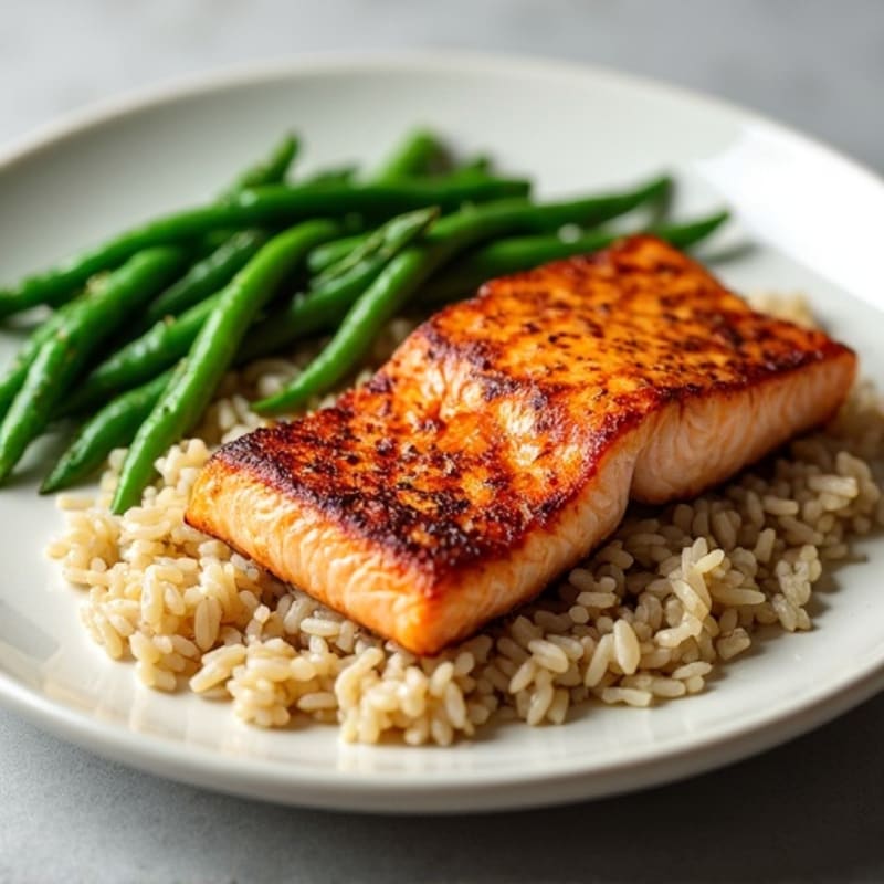 Seared Salmon Fillet with Steamed Green Beans and Brown Rice