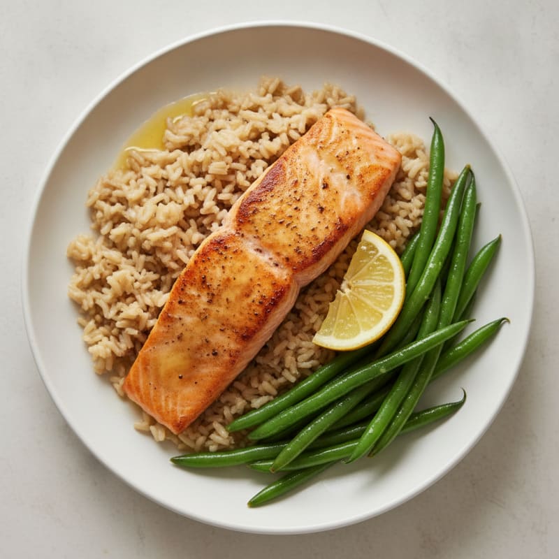 Seared Salmon with Steamed Green Beans and Brown Rice