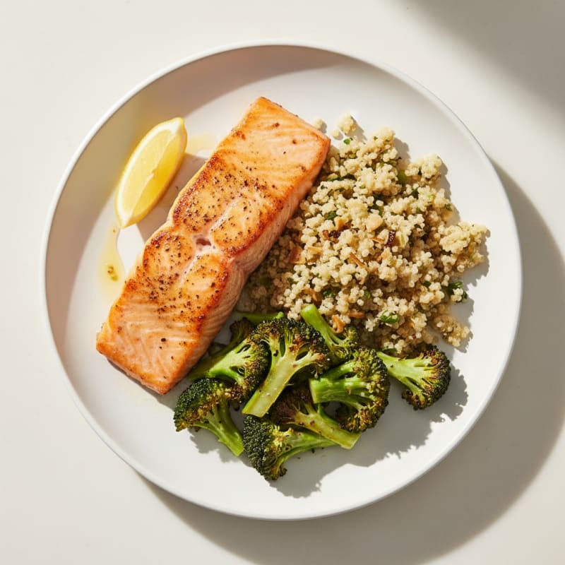 Seared Salmon Filet with Roasted Broccoli and Garlic Quinoa