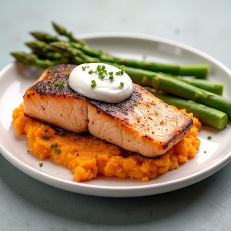 Seared Salmon with Steamed Asparagus and Sweet Potato Mash
