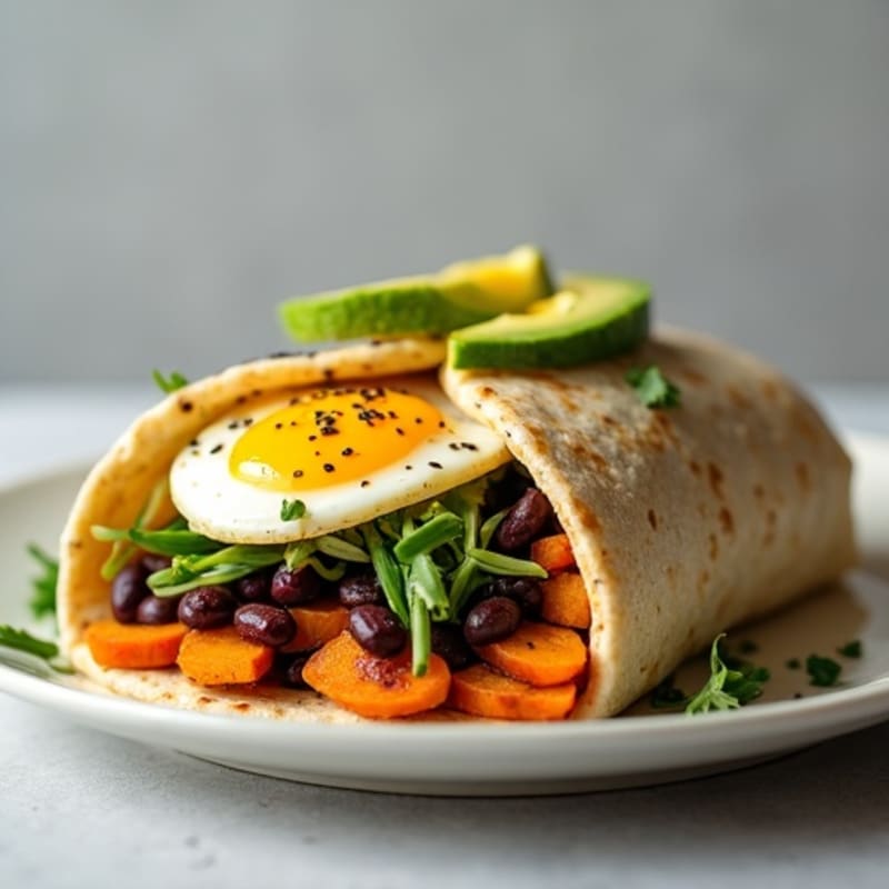 Hearty Egg, Black Bean, and Roasted Sweet Potato Burrito
