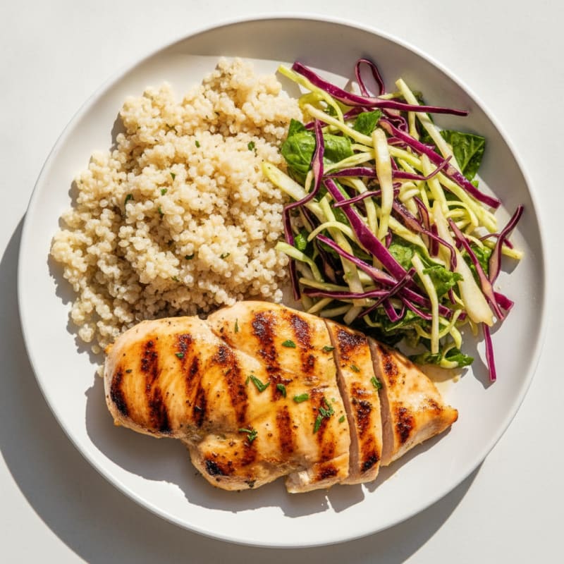 Grilled Chicken Breast with Crunchy Cabbage Slaw and Quinoa