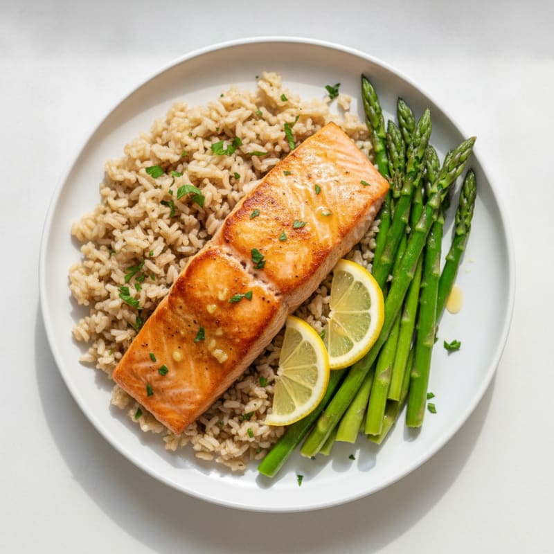 Seared Salmon with Steamed Asparagus and Herb Rice
