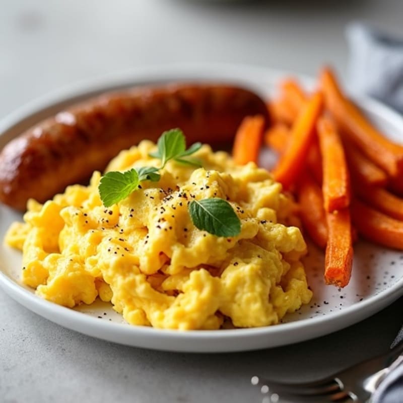 Scrambled Eggs with Crispy Chicken Sausage and Roasted Sweet Potato Fries