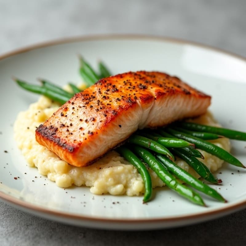 Seared Salmon with Garlic Green Beans and Cauliflower Mash