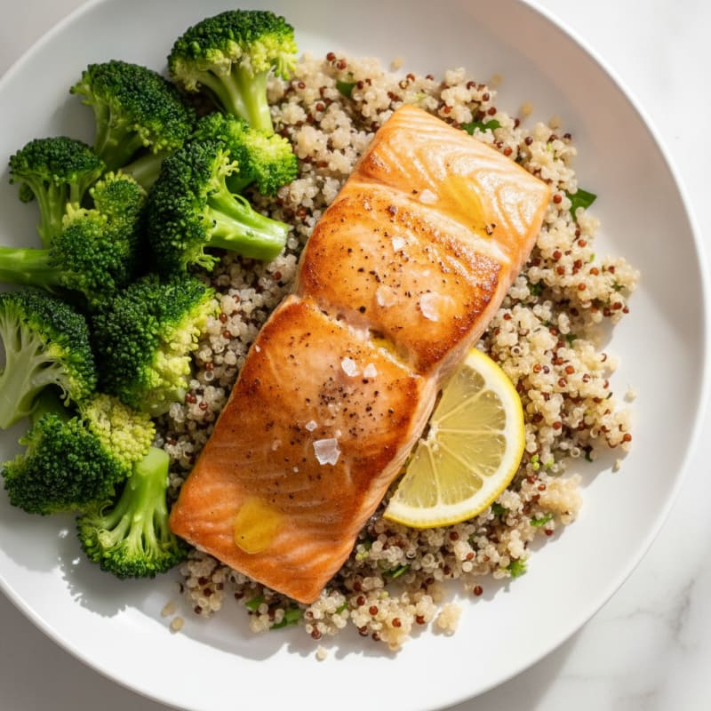 Seared Salmon Fillet with Steamed Broccoli and Quinoa