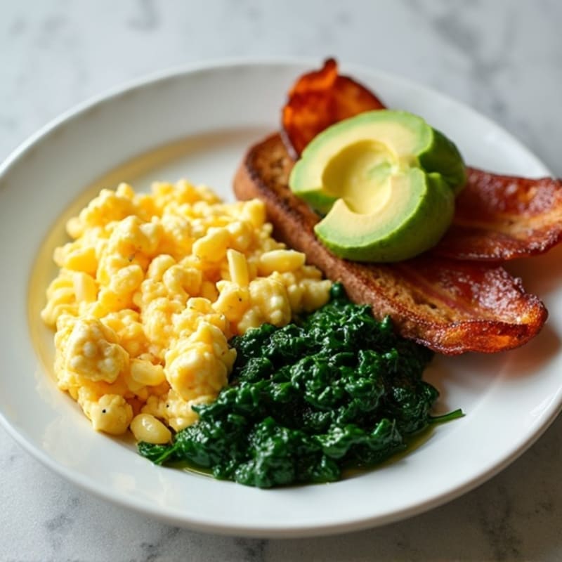 Egg White and Cottage Cheese Scramble with Sautéed Spinach and Turkey Bacon