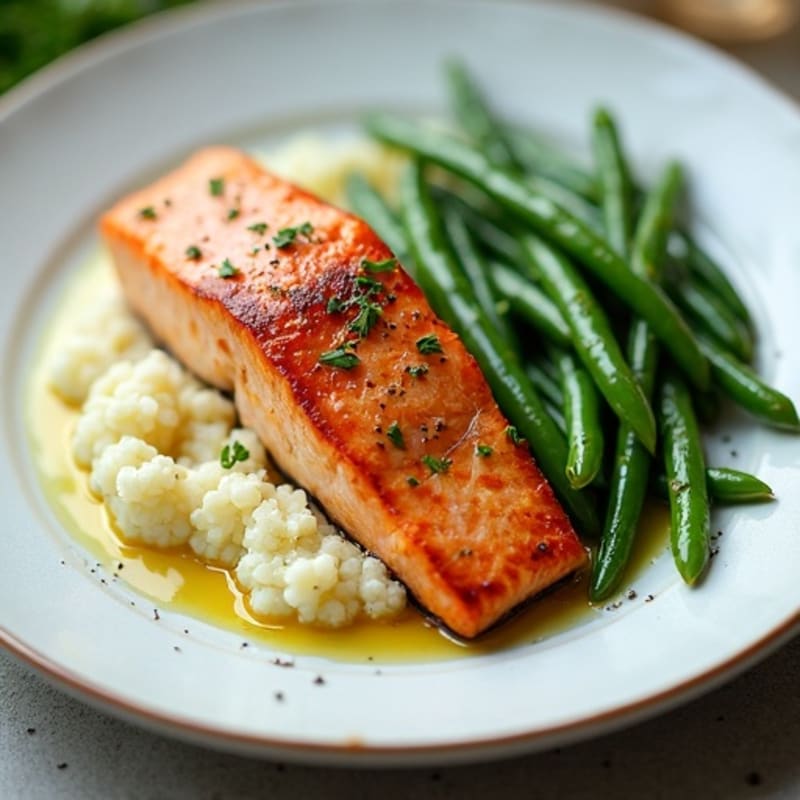 Seared Salmon with Garlic Green Beans and Cauliflower Mash